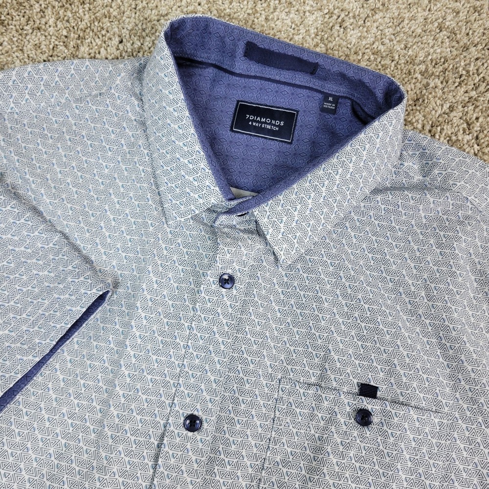 7 Diamonds 4‎ Way Stretch Mens XL White Black AOP Geometric Stretch Button Up SS